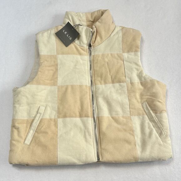 LE LIS Cream Puffer Vest Corduroy Checkered Zipper NEW - Picture 2 of 9